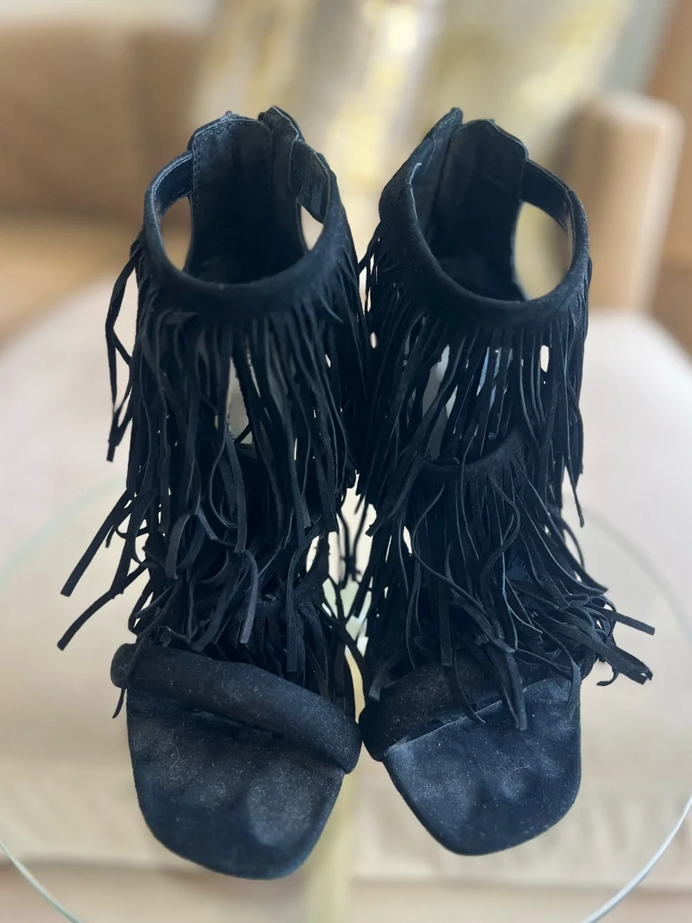 Steve Madden Fringly Fringe Heels Black Suede Stilettos Size 7.5